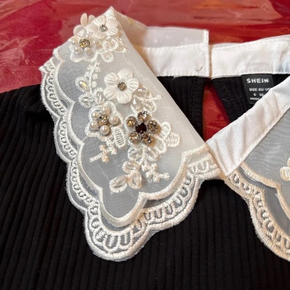SHEIN Black Ribbed Long-Sleeve Top with White Embroidered Peter Pan Collar - Picture 3 of 5